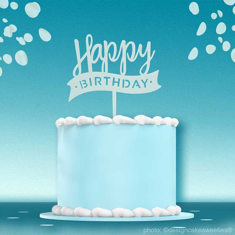 Cake Topper Happy Birthday in Hellblau | Kunststoff 11,5 cm x 15 cm