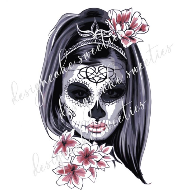 Halloween "Mexikanisches Mädchen Schädel" Kuchen-Tattoo / essbares Bild