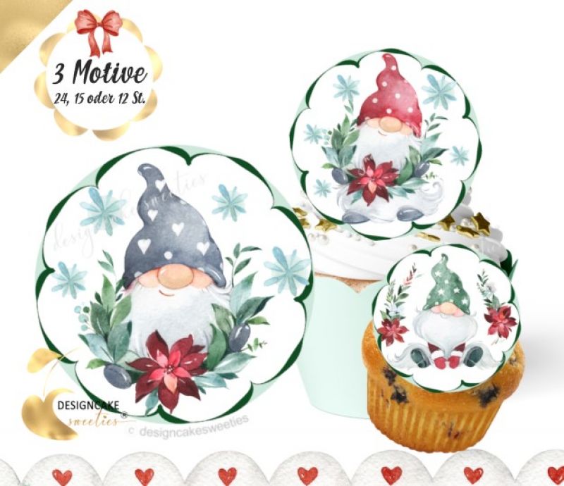 Muffin- / Cupcake Aufleger WICHTEL - Gnomes Weihnachten Mix, essbare Bilder Dekoration Fondantpapier