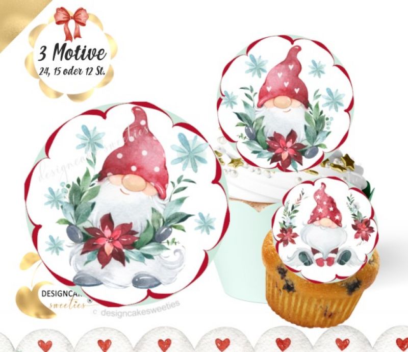 Muffin- / Cupcake Aufleger WICHTEL - Gnomes Weihnachten Rote Mützen, essbare Bilder Dekoration Fondantpapier - Rand Rot -
