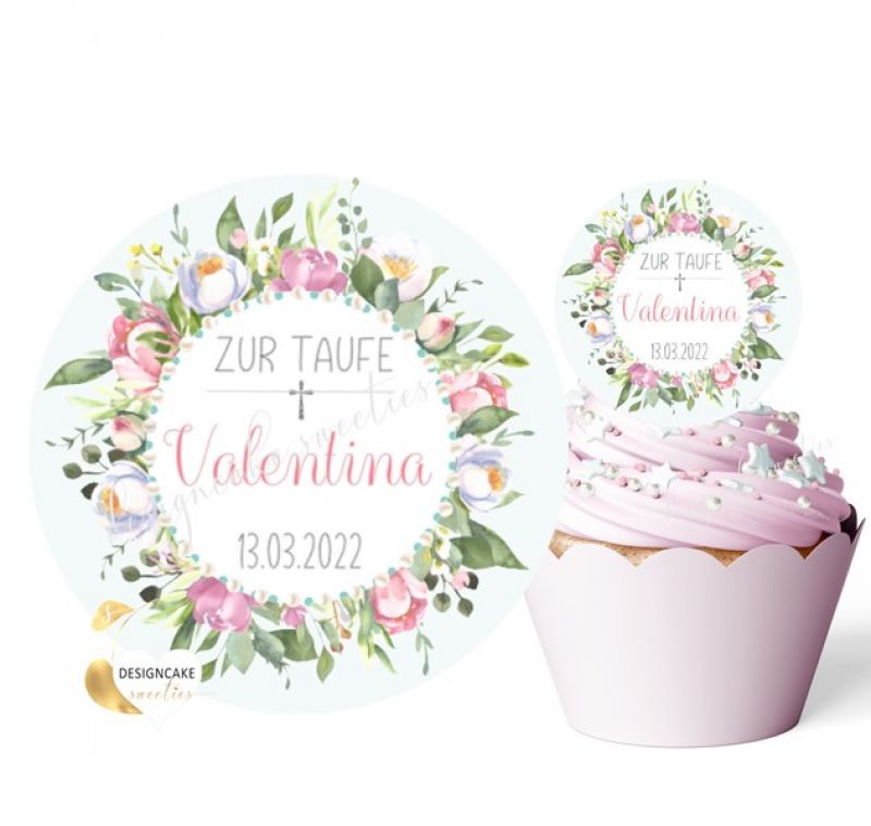 Muffinaufleger TAUFE Blumenkranz für Mädchen, Cupcake Topper essbar, Zuckerbilder Taufe, essbare Bilder Taufe