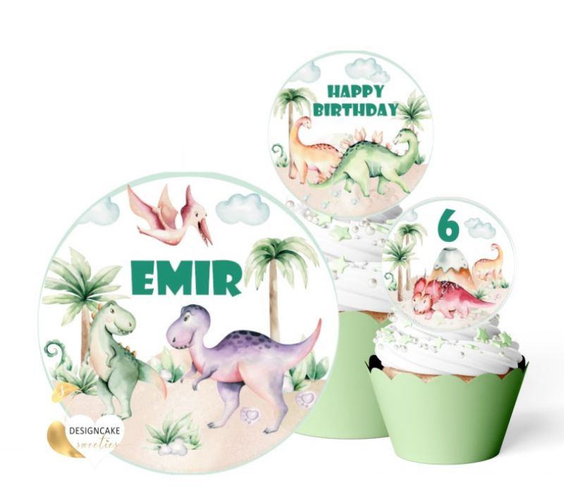 Muffinaufleger DINOS, Dinosaurier zum Geburtstag Junge, personalisiert mit Namen und Zahl, Cupcake essbare Topper