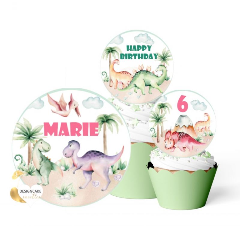 Muffinaufleger DINOS, Dinosaurier zum Geburtstag Mädchen, personalisiert mit Namen und Zahl, Cupcake essbare Topper