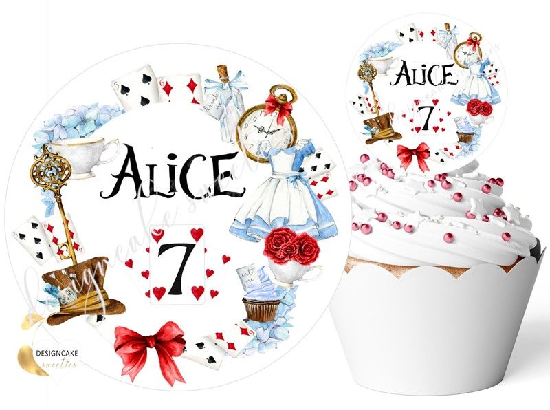 Muffinaufleger Wunderland Alice zum Geburtstag Mädchen, personalisiert mit Namen und Zahl, Cupcake essbare Topper