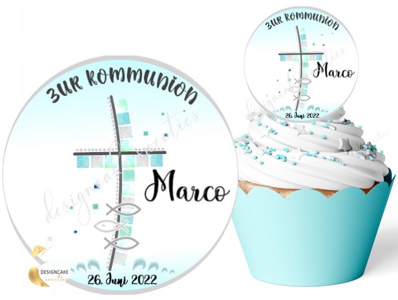 Muffinaufleger Kommunion Kreuz mit Fische in Blau, essbare Cupcake Topper, Konfirmation, Zuckerbilder, personalisiert
