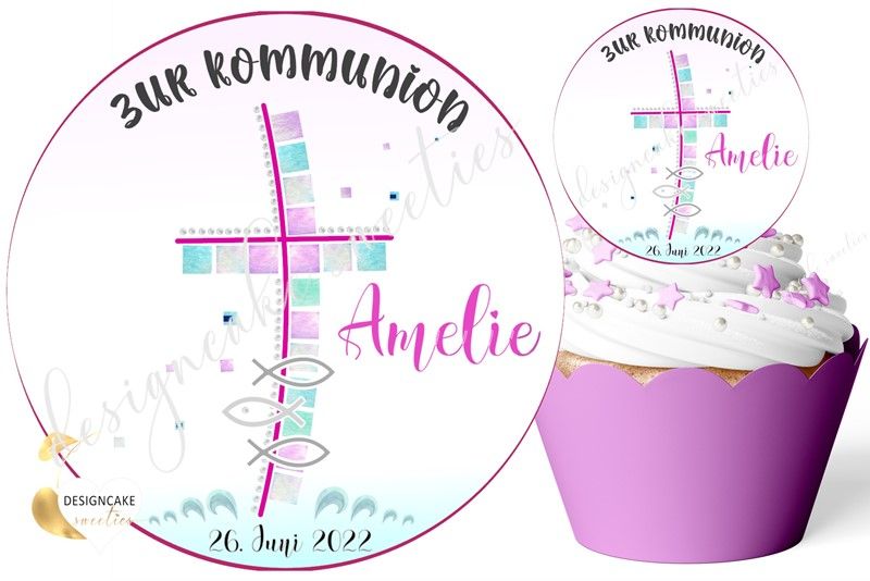 Muffinaufleger Kommunion Kreuz mit Fische Mädchen, essbare Cupcake Topper, Konfirmation, Zuckerbilder, personalisiert