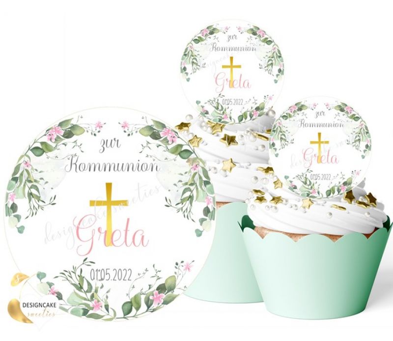 Muffinaufleger Kommunion Kreuz Gold Eukalyptus Blätter, essbare Cupcake Topper, Konfirmation, Zuckerbilder, personalisiert
