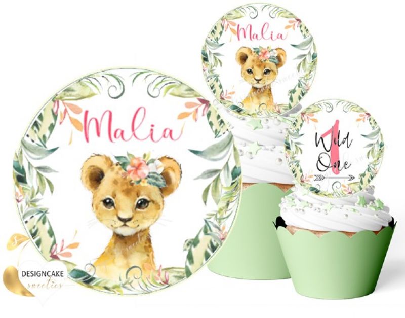 Muffinaufleger TIGER, Safari, Wild One zum Geburtstag Mädchen, personalisiert mit Namen und Zahl, Cupcake essbare Topper