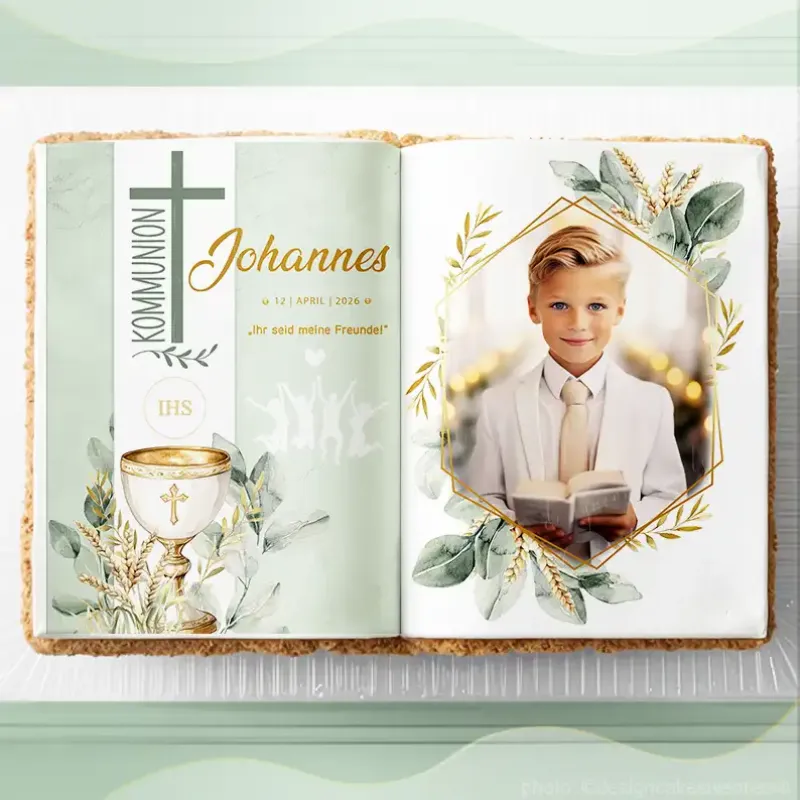 Personalisierter Tortenaufleger Kommunion Buchform mit Spruch und Foto für eine Buchtorte Kelch, grüne Blätter