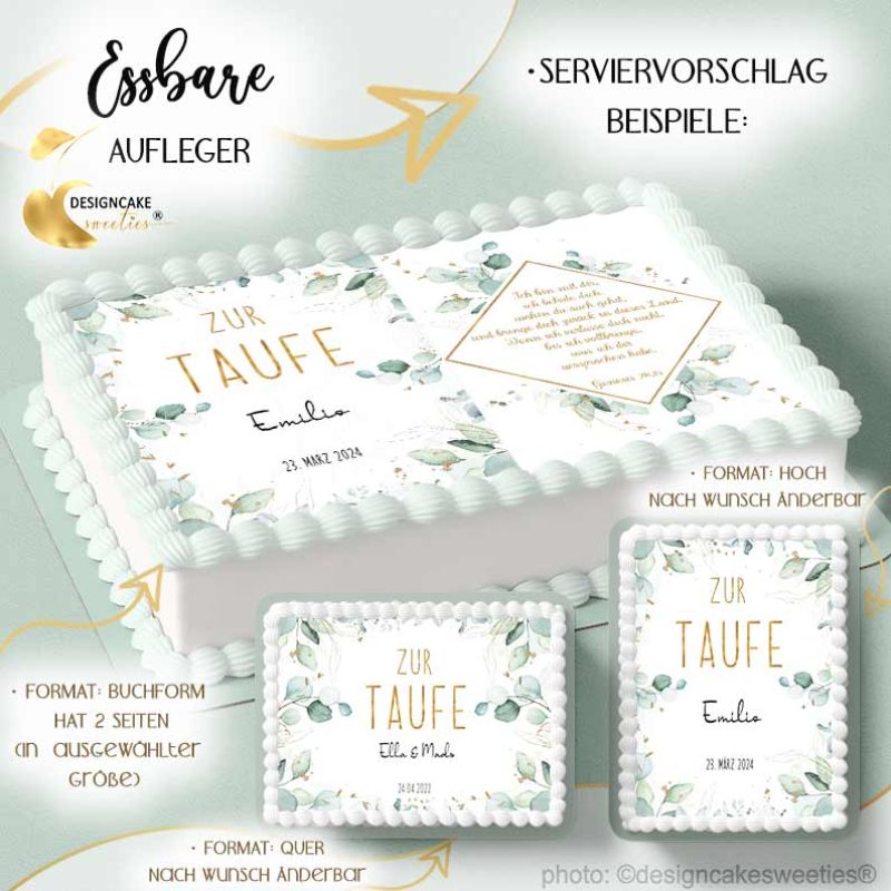 Tortendeko Taufe essbar Eualyptus Taufe rechteckig