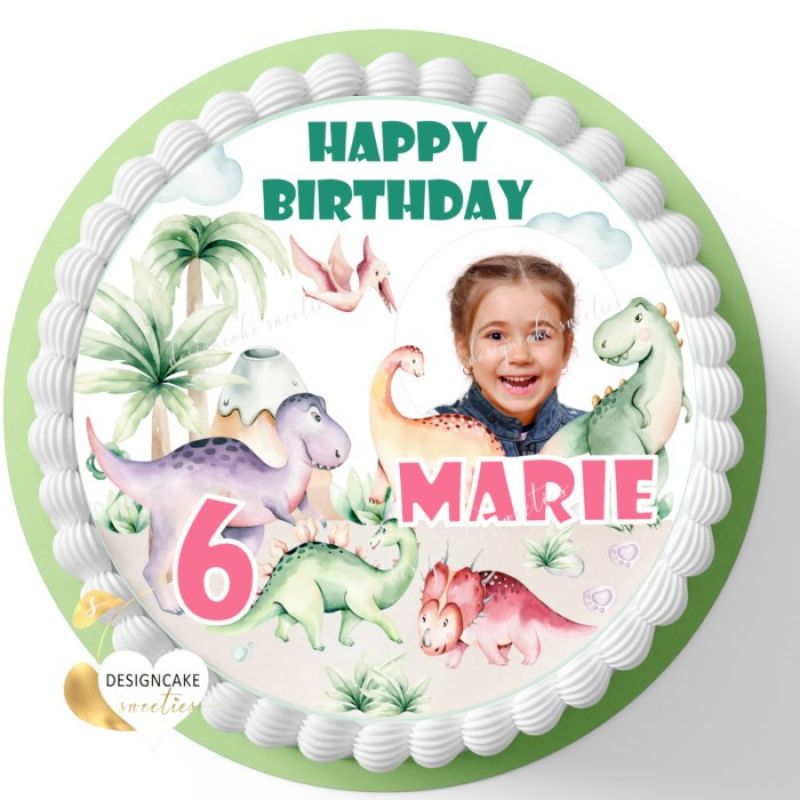 Tortenaufleger DINOS, Tortenbild Dinosaurier, Zuckerbild Geburtstag Mädchen, personalisiert mit FOTO
