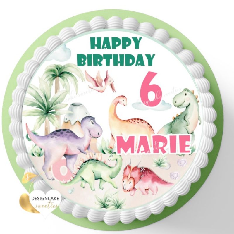 Tortenaufleger DINOS, Tortenbild Dinosaurier, Zuckerbild Geburtstag Mädchen, personalisiert mit Namen und Zahl