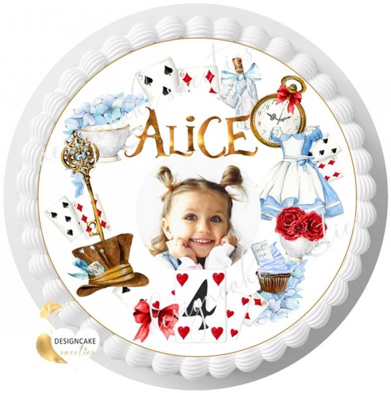 Tortenaufleger Alice mit Foto, Tortenbild Wunderland, Zuckerbild Geburtstag Mädchen, personalisiert mit Namen - Zahl