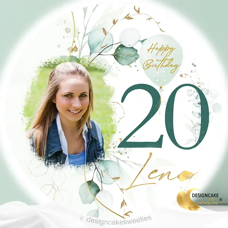 Personalisierter Tortenaufleger zum Geburtstag mit Foto, Name, Zahl nach Wunsch änderbar, personalisiert und elegantem Eukalyptus-Design mit goldenen Akzenten