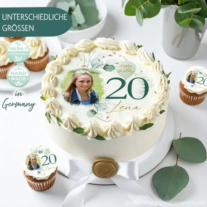 Preview: Essbare Tortendeko als Tortenaufleger zum Geburtstag personalisiert nach Wunsch auf eine Torte in Eukalyptus Design