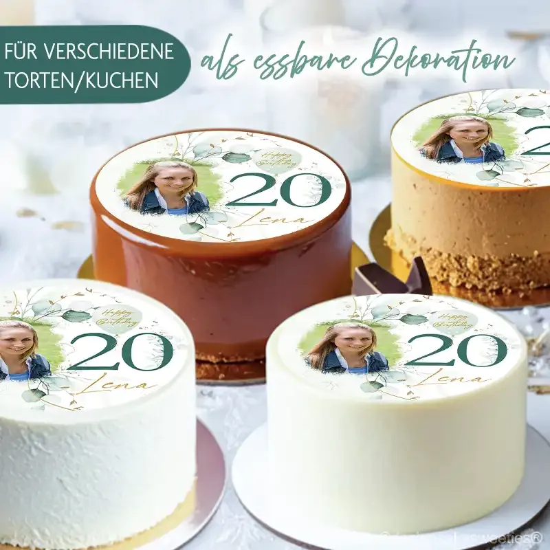 Preview: Tortenbild Geburtstag Eukalyptus mit Foto, Zahl, Namen änderbar, individuell nach Wunsch anpassbar für Kuchen oder Torte als Dekoration,  die man mitessen darf