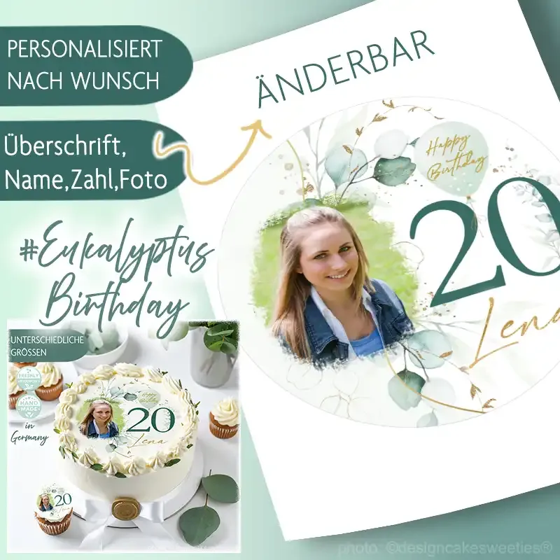 Preview: Tortenaufleger Design Eukalyptus zum Geburtstag auch für Muffins, Cupcakes oder Kekse anpassbar, für unterschiedliche Untergründe verwendbar
