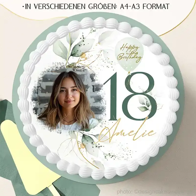 Preview: Tortenaufleger zum Geburtstag – mit Foto, Name, Zahl & elegantem Greenery-Design Preview: Essbare Tortendeko als Tortenaufleger zum Geburtstag personalisiert nach Wunsch auf eine Torte in Greenery Design