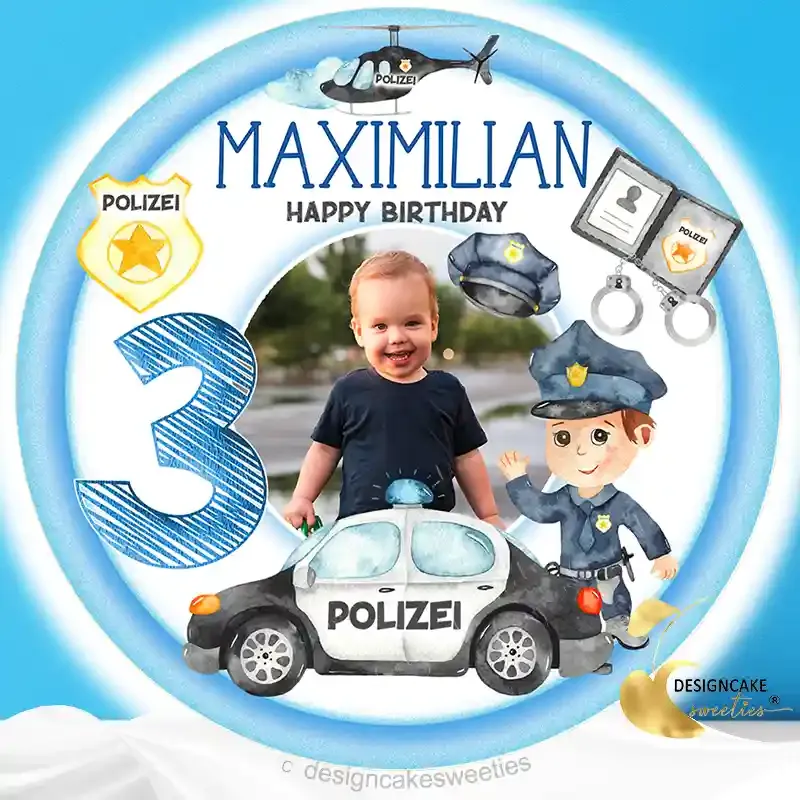 Tortenaufleger Polizei Kindergeburtstag personalisiert essbar mit Fotos des Kindes, Polizeiauto, Hubschrauber, Polizeimarke in blau, Tortendeko, Tortenbild für Kuchen oder Torte