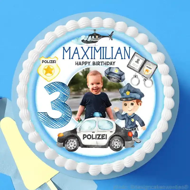 Essbare Tortendeko Polizei Kindergeburtsag mit Foto personalisiert, essbar mit Wunschtext als Tortenaufleger