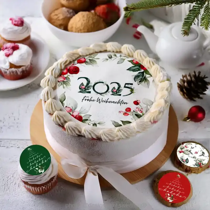 Essbare Torten- und Kuchen Dekoration als personalisierter Tortenaufleger Weihnachten 2025 mit Beeren und Blättern