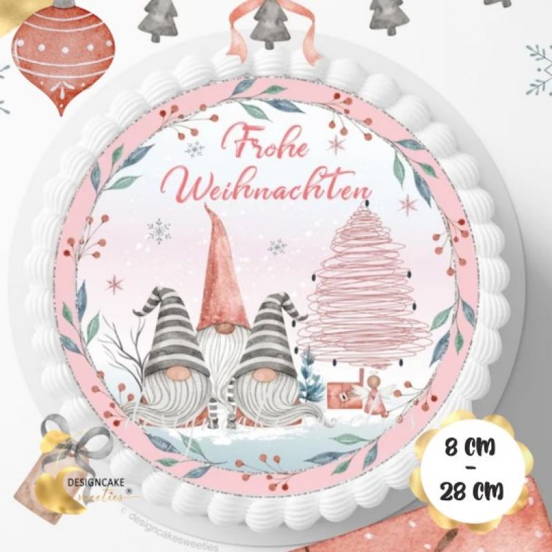 Tortenaufleger WEIHNACHTEN Wichtel Gnomes in Rosa , Tortenbild essbares Bild Zuckerdekoration Fondant
