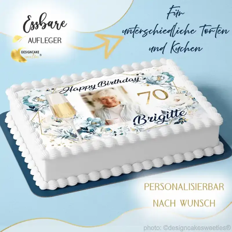Preview: Tortendeko Geburtstag Frau als Tortenaufleger mit Foto und Rosen, rechteckige Form Preview: Rechteckiger Tortenaufleger mit Foto zum Geburtstag Frau 70 Jahre Jubiläum Feier als essbare Deko für Kuchen oder Geburtsagstorte