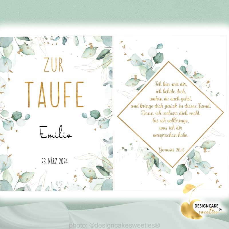 Tortenaufleger Taufe Eukalytus Buchform Spruch