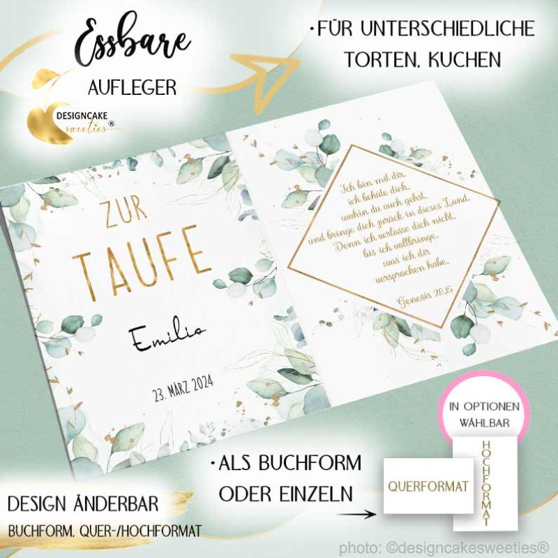 Tortenbild Taufe Eukalyptus Buchform mit Spruch Rechteckig