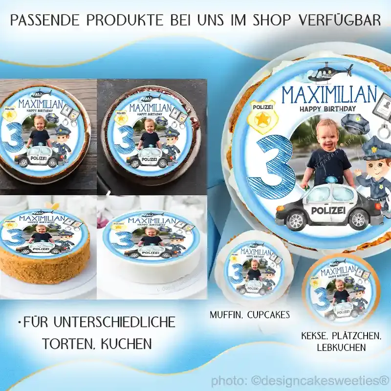 Tortenbild Polizei Kindergeburtstag personalisiert essbar mit Fotos des Kindes, Polizeiauto, Hubschrauber, Polizeimarke in blau, Tortendeko für Kuchen oder Torte