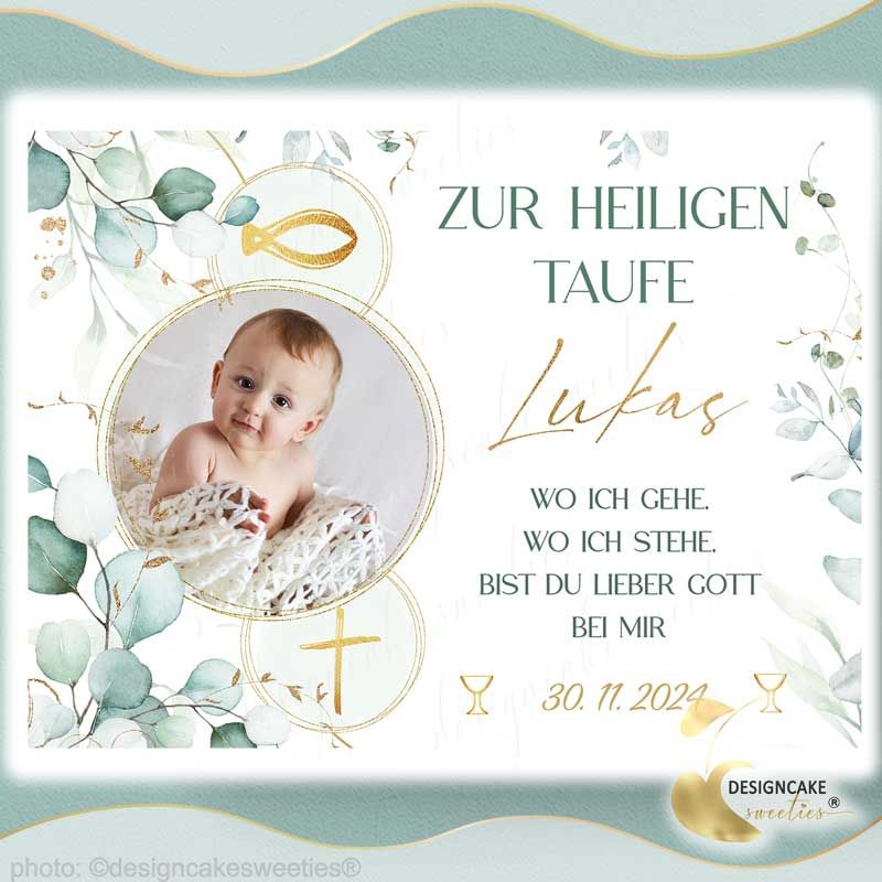 Tortenaufleger Taufe Eukalyptus rechteckig mit Foto, essbare Tortendeko, Tortenbild