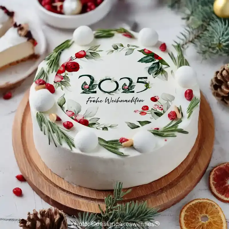 Tortenaufleger Weihnachten für Weihnachtstorten als essbare Tortendekoration mit Beeren und Schriftzug 2025